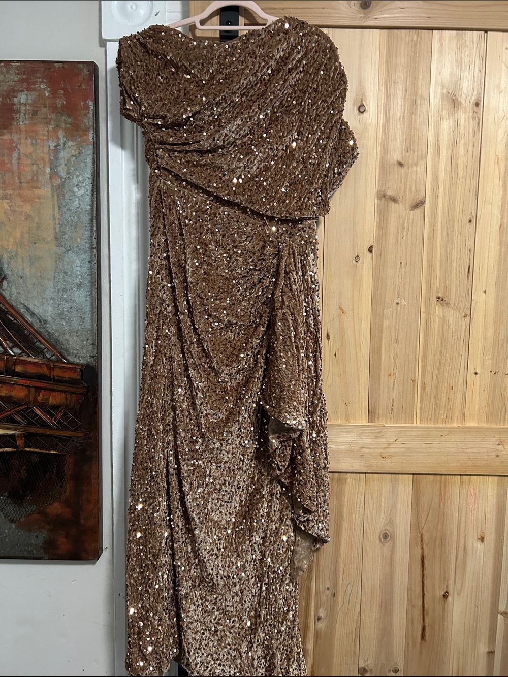 Gold Velvet Sequin Draped Evening Dress